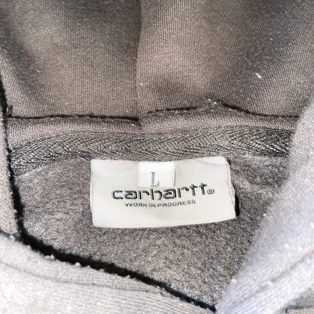 Carhartt WIP Mens L Gray Pullover Hoodie Yellow Sleeve Logo Workwear Hoodie